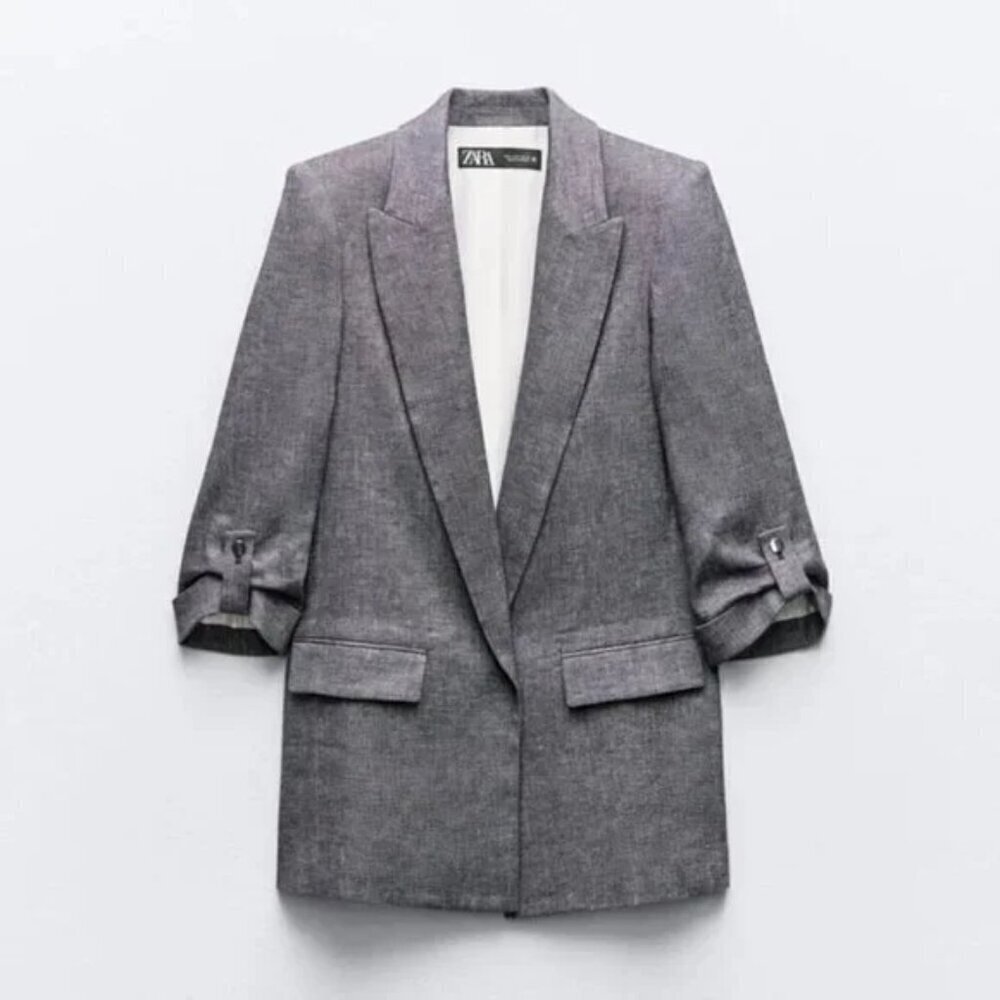 ZARA ROLL-UP SLEEVE LINEN BLEND BLAZER